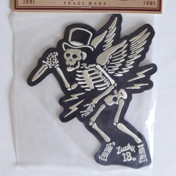 RETIRED LUCKY 13 THIRTEEN WINGED SKELETON WITH KNIFE EMBROIDERED 6” PATCH (NEW) - Picture 1 of 5